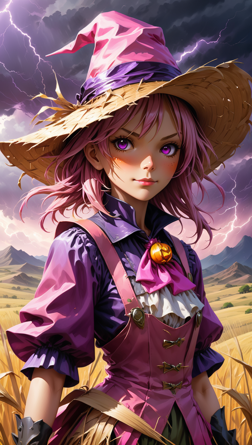 02308-1478434040-A Card Art. Close Up shot, oil painting , ultra detailed illustration of Scarecrow girl, pink and purple clothes, straw hat, bac.png